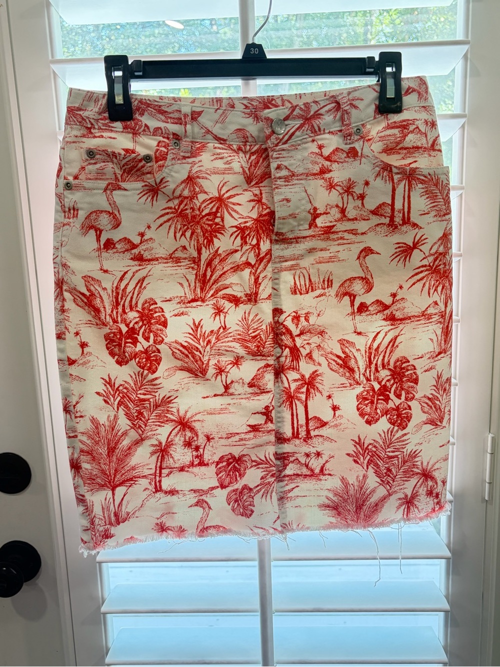 J. McLaughlin Red Tropical Print Denim Mini Skirt